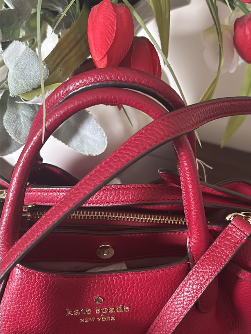 kate spade Red Pebbled Leather Satchel with Gold Hardware - Picture 4 of 7